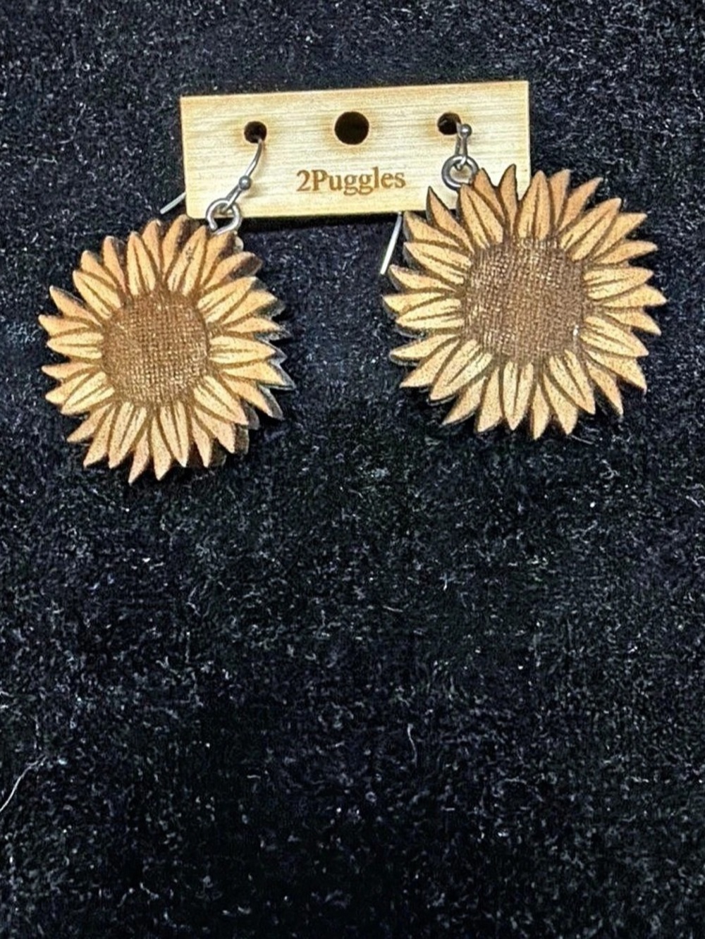 2Puggles Wooden Sunflower Earrings Brown & Yellow NWT